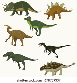 Set of dinosaurs. Stegosaurus, tyrannosaurus, triceratops, ankylosaurus, hidrosaurus, velciraptor