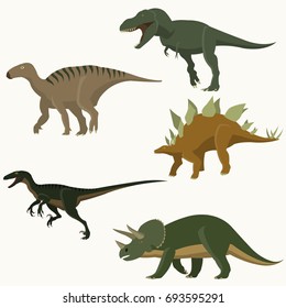 Set of dinosaurs. Stegosaurus, tyrannosaurus, triceratops, ankylosaurus, hidrosaurus, velciraptor