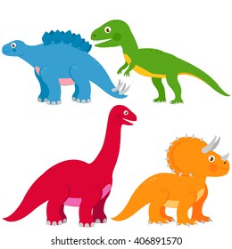 Set of dinosaurs. Stone age animals, stegosaurus, brontosaurus, apatosaurus, triceratops, and tyrannosaurus. Vector illustration.