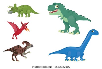 conjunto de dinosaurios de varios tamaños y especies, Quaesitosaurus, Triceratops, Parasaurolophus y T-Rex Dinosaur. Ilustración vectorial.