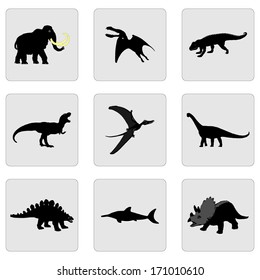 Set of dinosaurs vector black silhouette isolated on gray background.