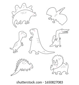 Set of dinosaurs. Vector hand drawn outline illustrations for greeting card, t shirt, print, stickers, posters design.