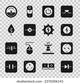 Ajuste el diodo en circuito electrónico, toma eléctrica, perno relámpago, botón de encendido, lámpara, símbolo de eco de hoja, contador e icono de engranaje y relámpago. Vector