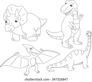 Set of diplodocus, tyrannosaur, pterodactyl and triceratops. Coloring book for kids. Vector illustration