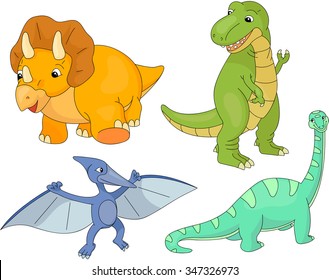 Set of diplodocus, tyrannosaur, pterodactyl and triceratops. Vector illustration