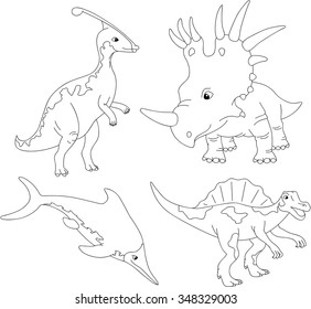 Set of diplodocus, tyrannosaur, pterodactyl and triceratops. Coloring book for kids. Vector illustration