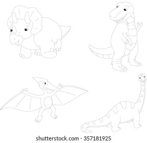 Set of diplodocus, tyrannosaur, pterodactyl and triceratops. Dot to dot educational game for kids. Vector illustration