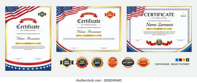 set of Diploma certificate template with luxury and glamour style, or certificate with gold badge, or Diploma certificate template with USA flag wave theme . eps vector cmyk mode 