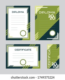 A set of diploma and certificate templates, horizontal and vertical. Design of corners and stripes with printing. Green and grey