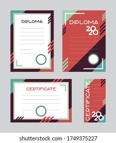 Un conjunto de plantillas de diploma y certificado, horizontal y vertical. Diseño de esquinas y rayas con impresión. Turquesa y rojo