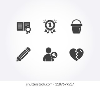 Set of Diploma, Find user and Pencil icons. Reward, Bucket and Break up signs. Document with badge, Search person, Edit data. First place, Washing equipment, Divorce.  Quality design elements. Vector