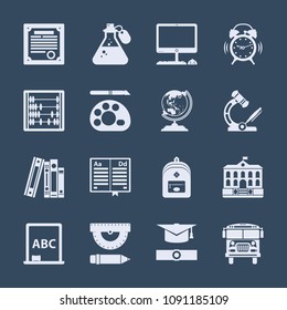 Set of diploma, flask, computer, alarm clock, abacus, paint brush and palette, globe, microscope, books, opened book, backpack, school building, chalkboard, ruler and pencil, academic cap, bus icons