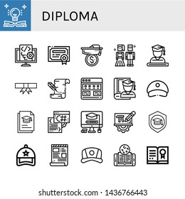 Set of diploma icons such as Education, Script, Patent, Mortarboard, Prom night, Graduate, Degree, Parchment, Tutorial, Cap, Graduation, Mathematics, Online learning , diploma