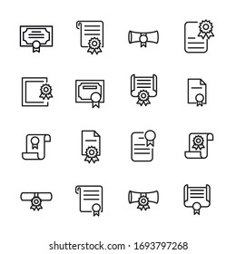 Set of diploma related vector line icons. Premium linear symbols pack. Vector illustration isolated on a white background. Web symbols for web sites and mobile app. Trendy design. 