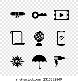 Set Diploma rolled scroll, Key, Play Video, UV protection, Umbrella and Drill machine icon. Vector