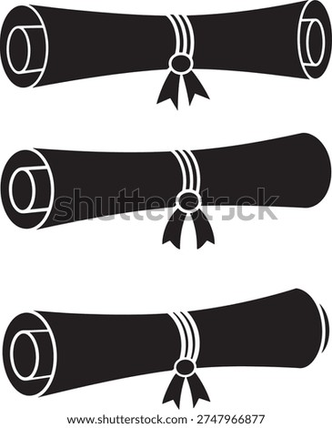 Set of diplomas, graduation scrolls, rolled paper, ribbons, education symbol