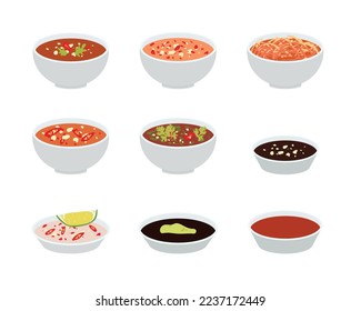 Set of dipping sauce with chili, garlic, salt, soy, mustard flat vector design illustration. Fish sauce clipart. Asian food. Asian cuisine