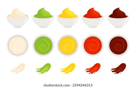  Set of dipping sauces in bowls with swirls and smears. Mayonnaise, wasabi, mustard, ketchup, barbecue sauce. Condiment and food seasoning concept. Flat vector illustration isolated on white backgroun