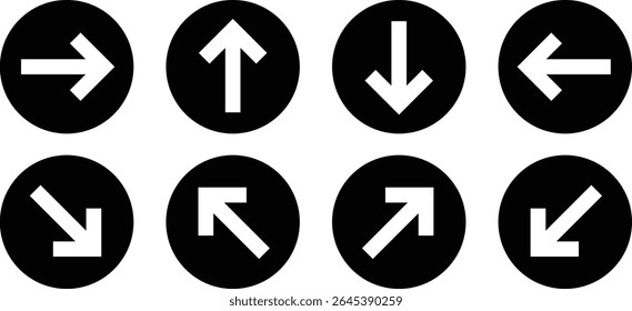 Satz von Richtungspfeilsymbol. schwarzer Kreis auf weißem Pfeil Symbol, Vektorgrafik.