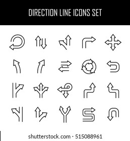 Set of direction icons in modern thin line style. High quality black outline arrow symbols for web site design and mobile apps. Simple linear direction pictograms on a white background.