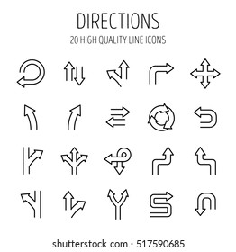 Set of direction icons in modern thin line style. High quality black outline arrow symbols for web site design and mobile apps. Simple linear direction pictograms on a white background.