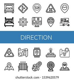 Set of direction icons. Such as Bed, Intersection, Helm, Place, Navigator, Placeholder, Gps, Drive thru, Treasure map, Heat, World, Location , direction icons