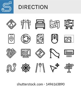 Set of direction icons such as Destination, Stop sign, Highway, Bed, Treasure map, Strategy, Gps, Roundabout, Maps, Mouse, Resize, Location, Crossroads, Tunnel, Air conditioning , direction