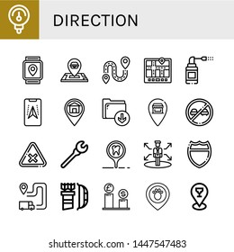 Set of direction icons such as Gauge, Gps, Location, Destination, Navigator, Sprays, Placeholder, Download, Pin, No overtaking, Intersection, Wrench, Decision, Highway , direction