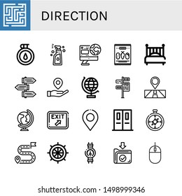 Set of direction icons such as Maze, Compass, Spray, World, Mix, Bed, Signpost, Placeholder, World globe, Location, Exit, Emergency exit, Destination, Rudder, Gauge , direction