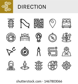 Set of direction icons such as Signpost, Traffic light, Tunnel, Maze, Location, Bed, Speedometer, Pin, Compass, Strategy, Cursor, Itinerary, Placeholder, Coordinator , direction