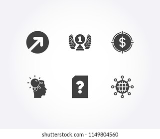 Set of Direction, Idea and Unknown file icons. Laureate award, Dollar target and International globe signs. Navigation pointer, Professional job, Doc with question mark. Vector