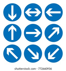 Set of direction signs. Blue circle mandatory informational symbols. Vector illustration isolated on white. White simple arrows. Notice icons. Collection arrows in different directions.