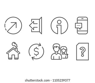 Set of Direction, Smartphone message and Couple icons. Dollar exchange, Sign out and Unknown file signs. Navigation pointer, Cellphone chat, Male and female. Vector
