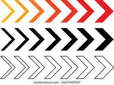 Conjunto de flechas direccionales en amarillo naranja rojo negro y contorno chevron hacia adelante