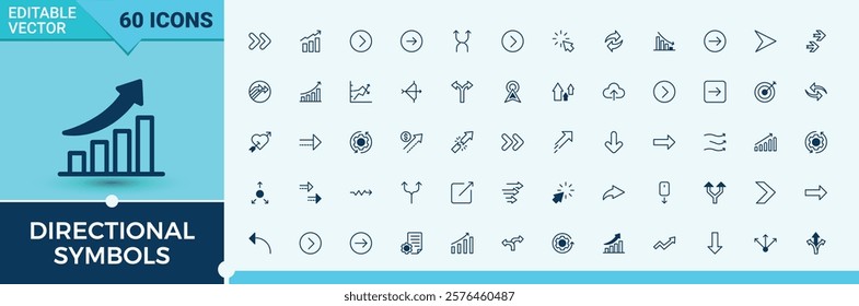 Set of Directional Symbols line icons. Includes thin line cursor, shape, back, pointer, arrow, set, collection, click. Minimal linear icons. Outline and solid pictogram.