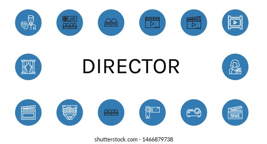 Set of director icons such as Actor, Movie, Clapperboard, Film, Videocamera, Projector, Theatre, Actress , director
