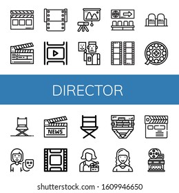 Set of director icons. Such as Clapperboard, Film, Projector, Actor, Movie, Director chair, Directors chair, Actress, Marketing director, Movie theater , icons