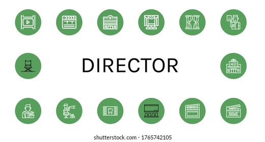 Set of director icons. Such as Film, Clapper, Cinema, Theater, Theatre, Actor, Director, Clapperboard, Director chair, Movie theater , icons