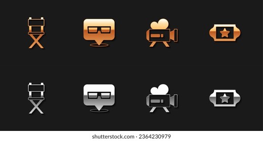 Set Director movie chair, 3D cinema glasses, Retro camera and Cinema ticket icon. Vector