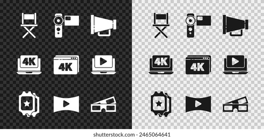 Set Director movie chair, Cinema camera, Megaphone, ticket, Online play video, 3D cinema glasses, Laptop with 4k and  icon. Vector