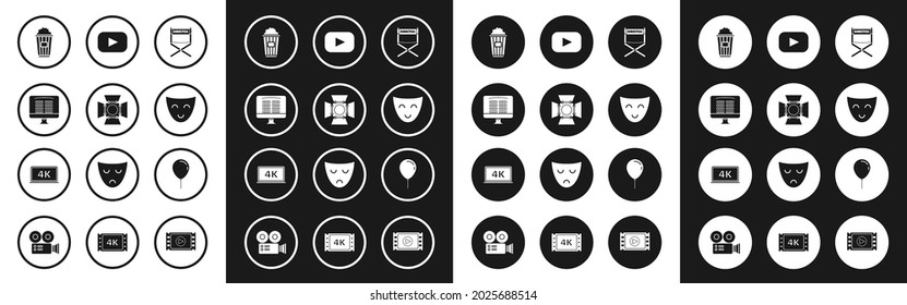 Set Director movie chair, Movie spotlight, Buy cinema ticket online, Popcorn cardboard box, Comedy theatrical mask, Play, Balloon with ribbon and Laptop screen 4k video technology icon. Vector