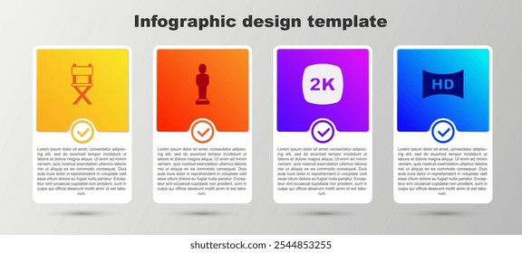 Definir cadeira de filme Diretor, Troféu de filme, 2k Ultra HD e filme de alta definição, fita, quadro. Modelo de infográfico comercial. Vetor