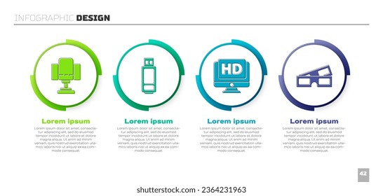 Set Director movie chair, USB flash drive, Monitor with HD video and 3D cinema glasses. Business infographic template. Vector