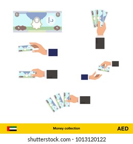 Set of Dirham banknote. Holding, throwing Dirham banknote.