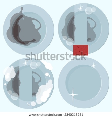 Set of dirty and clean blue round plates