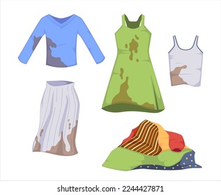 Set Dirty Clothes with Blobs and Stains of Food and Drink Isolated on White Background. Messy Garment Shirt, Dress, Skirt, Singlet and Pile of Linen with Spots in Laundry. Cartoon Vector Illustration