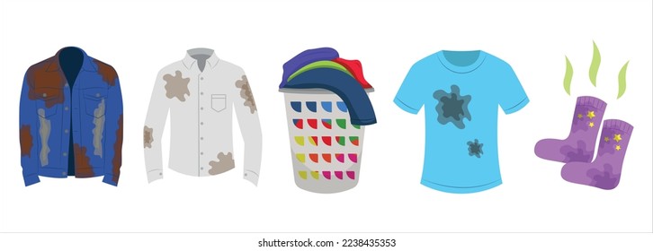 Set of dirty clothes in cartoon style. Vector illustration of dirty, unwashed shirts, t-shirts, socks and baskets with clothes isolated on white background.