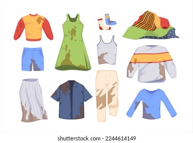 Set of Dirty Clothes Isolated on White Background. Messy Garment , Shirt, Dress, Pants with Spots, Blobs and Stains of Food and Drink. Laundry, Household Chores, Hygiene. Cartoon Vector Illustration