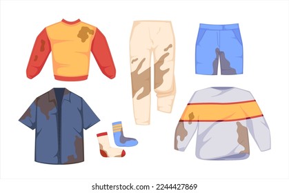 Set of Dirty Clothes, Jumper, Trousers, Shorts, Shirt and Socks with Spots, Blobs and Stains Isolated on White Background. Messy Laundry Garment, Household Chores, Hygiene. Cartoon Vector Illustration