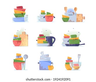 Set Dirty Dishes Pile, Stack of Plates, Cup and Water Glass to Wash, Unhygienic Utensils, Untidy Crockery or Ceramics Kitchenware after Lunch Isolated on White Background. Cartoon Vector Illustration